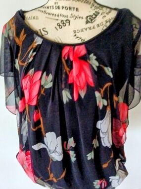 Black Sheer Floral Blouse with Pink & White Blooms